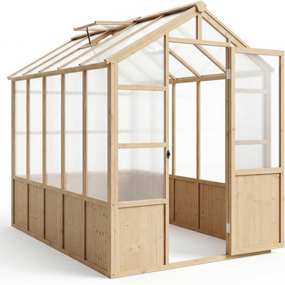6'X10' Wooden Greenhouse for Outdoor, Large Walk-In Greenhouse Kit with Ventilated Window, Door & Polycarbonate Panels, Heavy Duty Wood Frame Green House for Patio Garden Backyard