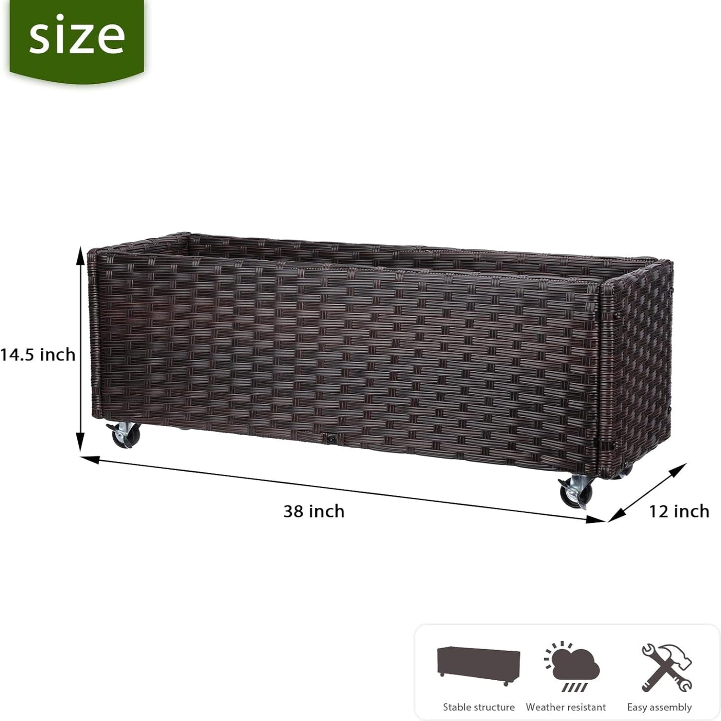 Raised Garden Bed with Wheels - Rattan Wicker Elevated Raised Garden Bed Outdoor Raised Planter Box for Vegetables Grass Lawn Yard, 38 X 14.5 X 12 In, Brown