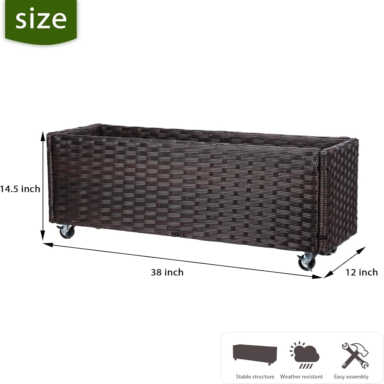 Raised Garden Bed with Wheels - Rattan Wicker Elevated Raised Garden Bed Outdoor Raised Planter Box for Vegetables Grass Lawn Yard, 38 X 14.5 X 12 In, Brown