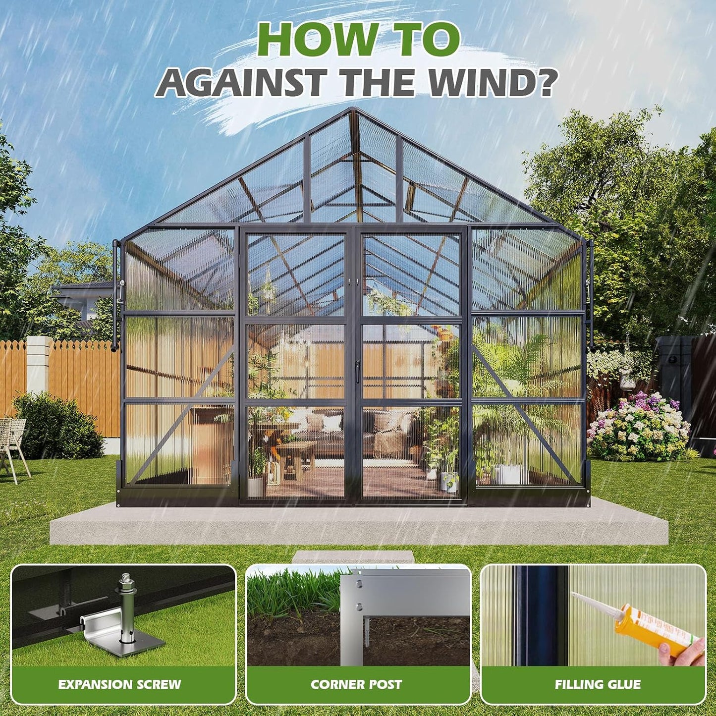 10X18X8.4 FT Polycarbonate Greenhouse with 4 Roof Vents & Rain Gutter, Heavy Duty Aluminum Greenhouse for Outdoor Garden Backyard, Black