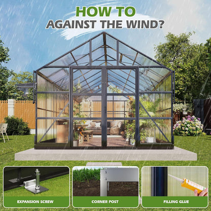 10X18X8.4 FT Polycarbonate Greenhouse with 4 Roof Vents & Rain Gutter, Heavy Duty Aluminum Greenhouse for Outdoor Garden Backyard, Black