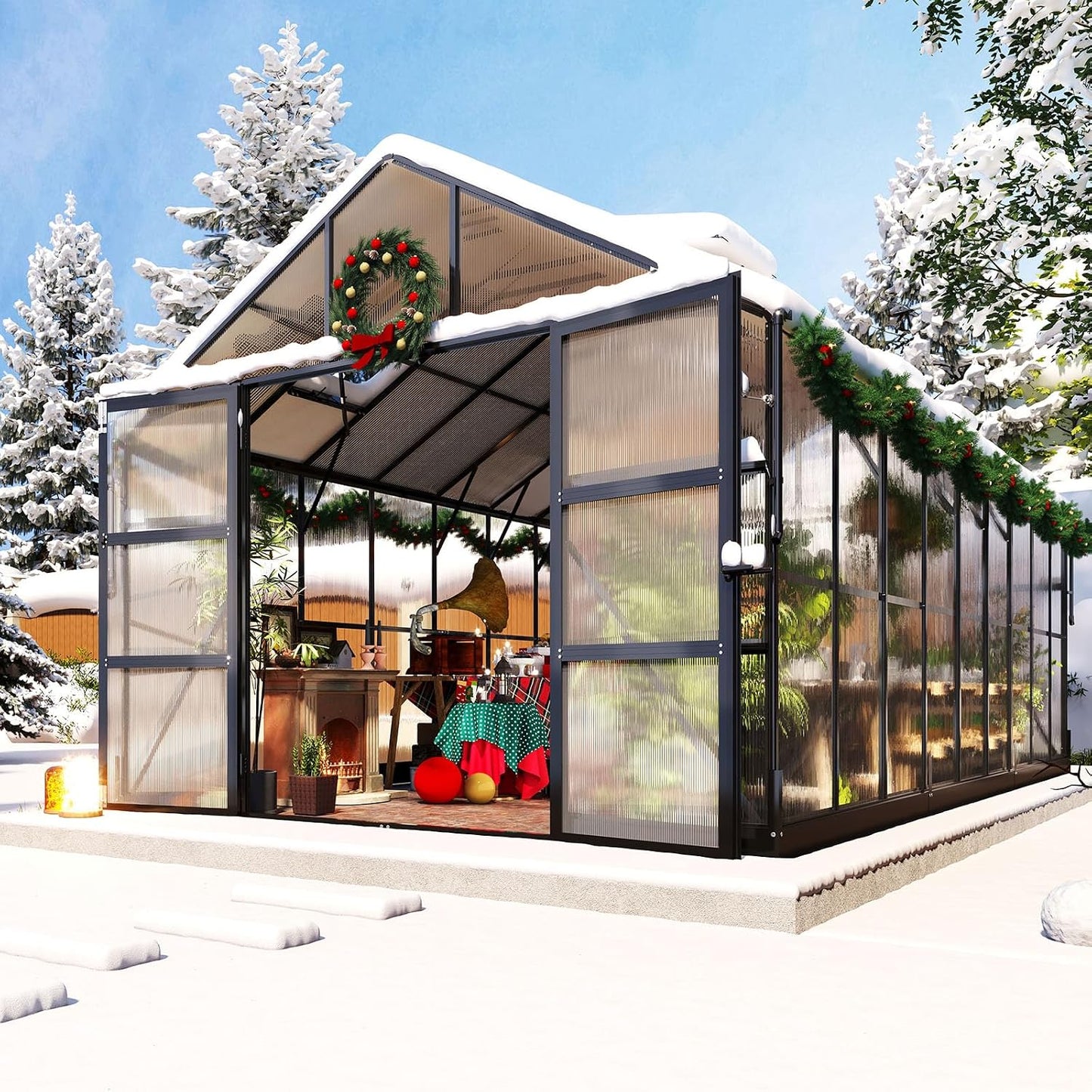 10X18X8.4 FT Polycarbonate Greenhouse with 4 Roof Vents & Rain Gutter, Heavy Duty Aluminum Greenhouse for Outdoor Garden Backyard, Black