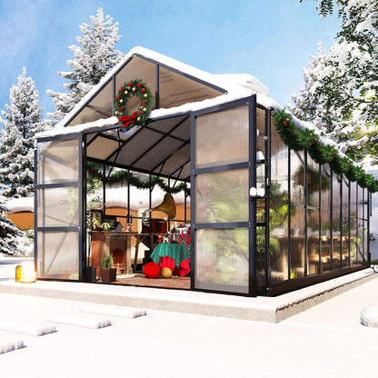 10X18X8.4 FT Polycarbonate Greenhouse with 4 Roof Vents & Rain Gutter, Heavy Duty Aluminum Greenhouse for Outdoor Garden Backyard, Black