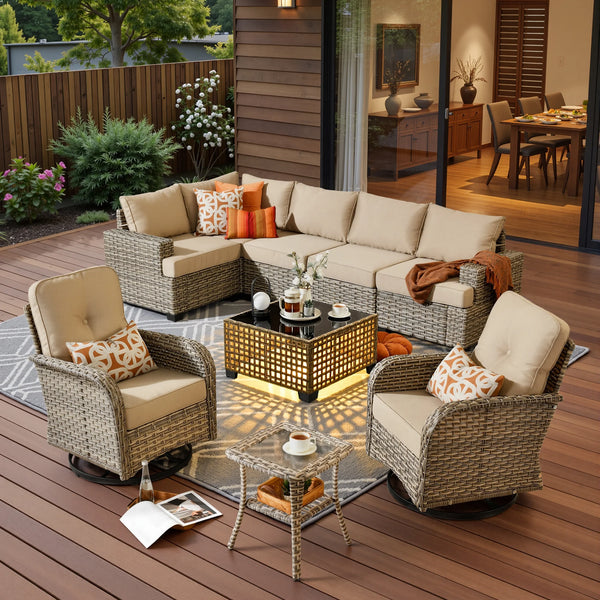 9 Pieces Patio Furniture Set outside Furniture Wicker Patio Conversation Set with Swivel Chairs, Outdoor Furniture for Garden, Beige