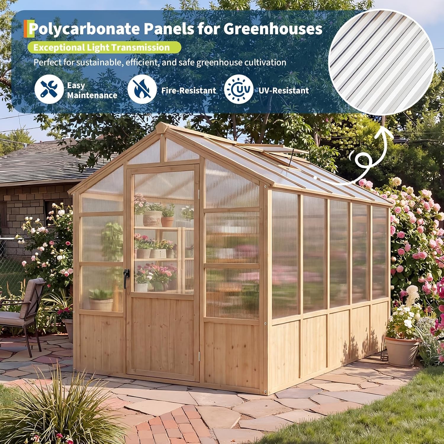 6'X10' Wooden Greenhouse for Outdoor, Large Walk-In Greenhouse Kit with Ventilated Window, Door & Polycarbonate Panels, Heavy Duty Wood Frame Green House for Patio Garden Backyard