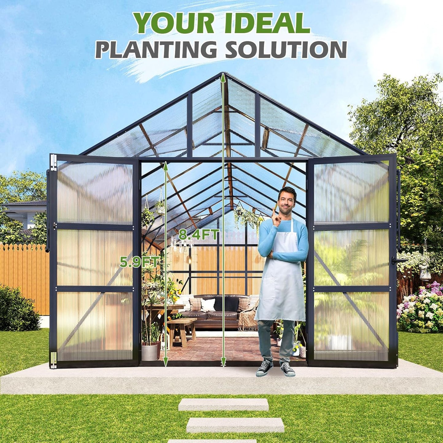 10X18X8.4 FT Polycarbonate Greenhouse with 4 Roof Vents & Rain Gutter, Heavy Duty Aluminum Greenhouse for Outdoor Garden Backyard, Black