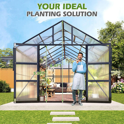 10X18X8.4 FT Polycarbonate Greenhouse with 4 Roof Vents & Rain Gutter, Heavy Duty Aluminum Greenhouse for Outdoor Garden Backyard, Black