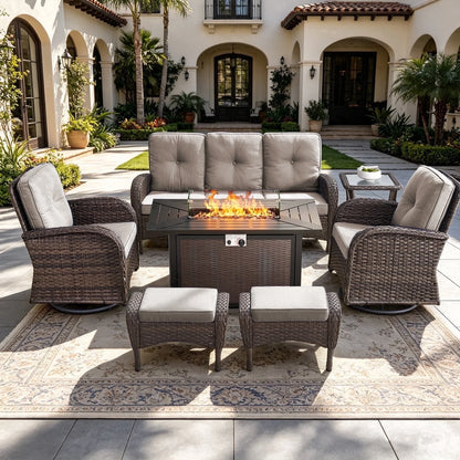 7 Piece Outdoor Patio Furniture Set, Patio Furniture Set with Fire Pit Table Rattan Wicker Patio Furniture Set, Brown Wicker & Beige Cushion