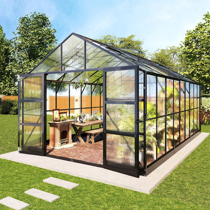 10X18X8.4 FT Polycarbonate Greenhouse with 4 Roof Vents & Rain Gutter, Heavy Duty Aluminum Greenhouse for Outdoor Garden Backyard, Black