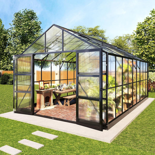 10X18X8.4 FT Polycarbonate Greenhouse with 4 Roof Vents & Rain Gutter, Heavy Duty Aluminum Greenhouse for Outdoor Garden Backyard, Black