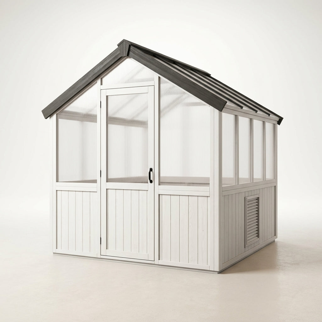 Willow White 6 Ft. X 9 Ft. X 7 Ft. 10 In. All Cedar Modern Greenhouse — Studio Shot
