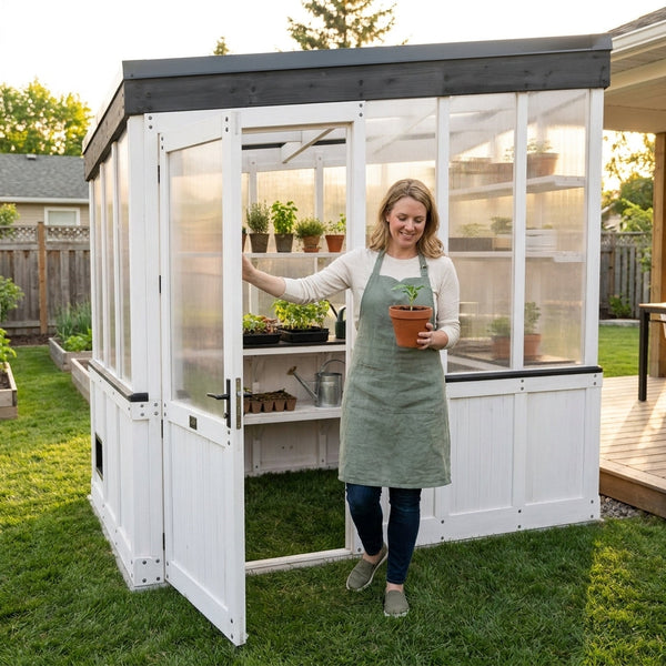 Walk-In Greenhouse Built for Year-Round Growing, All Cedar Construction, 4-Wall Polycarbonate, 13 Ft Shelving