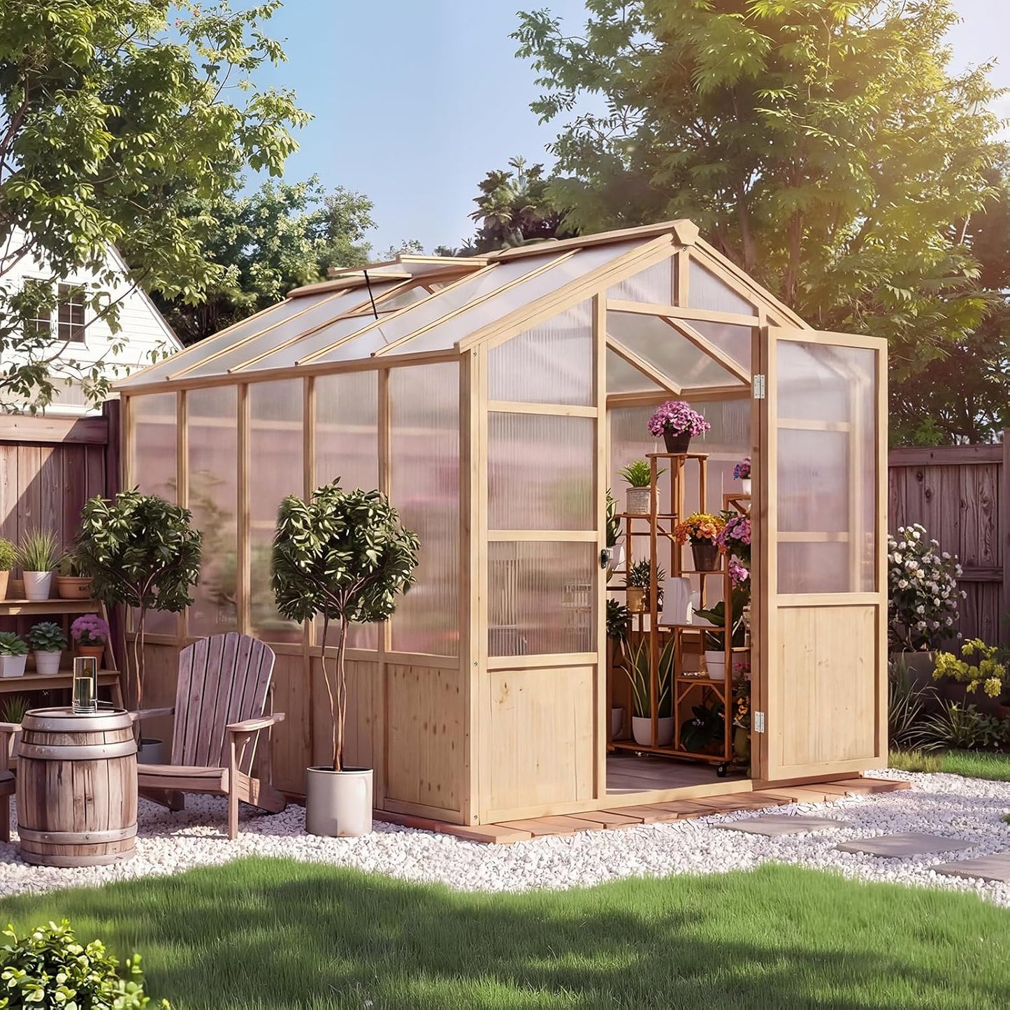 6'X10' Wooden Greenhouse for Outdoor, Large Walk-In Greenhouse Kit with Ventilated Window, Door & Polycarbonate Panels, Heavy Duty Wood Frame Green House for Patio Garden Backyard