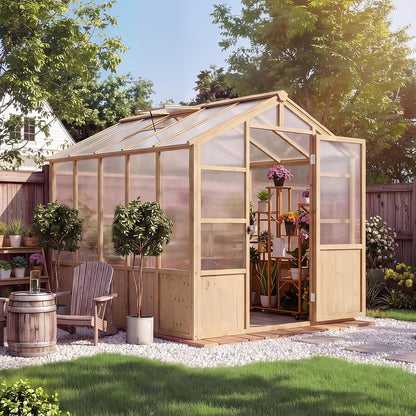 6'X10' Wooden Greenhouse for Outdoor, Large Walk-In Greenhouse Kit with Ventilated Window, Door & Polycarbonate Panels, Heavy Duty Wood Frame Green House for Patio Garden Backyard