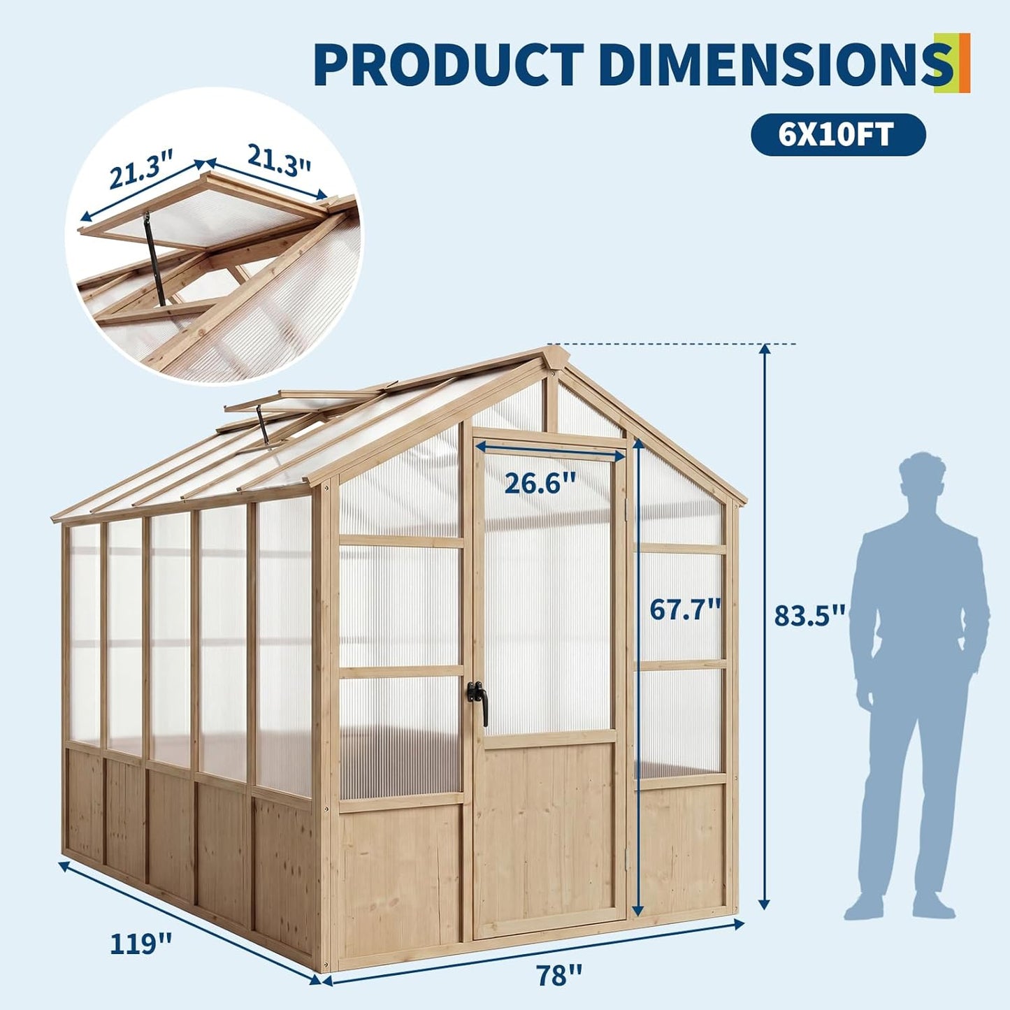 6'X10' Wooden Greenhouse for Outdoor, Large Walk-In Greenhouse Kit with Ventilated Window, Door & Polycarbonate Panels, Heavy Duty Wood Frame Green House for Patio Garden Backyard