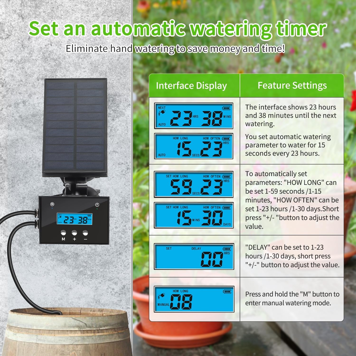 Solar Drip Irrigation System, Solar Automatic Palnt Waterer for Outdoor Garden, Irrigation System for Vacation,Drip Irrigation Kit with 2200Mah Battery&Rain Sensing &LCD Screen