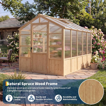 6'X10' Wooden Greenhouse for Outdoor, Large Walk-In Greenhouse Kit with Ventilated Window, Door & Polycarbonate Panels, Heavy Duty Wood Frame Green House for Patio Garden Backyard