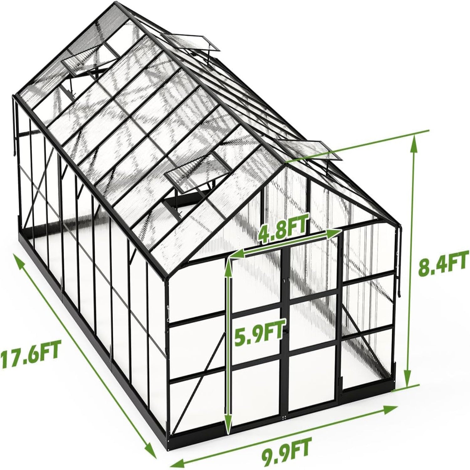 10X18X8.4 FT Polycarbonate Greenhouse with 4 Roof Vents & Rain Gutter, Heavy Duty Aluminum Greenhouse for Outdoor Garden Backyard, Black