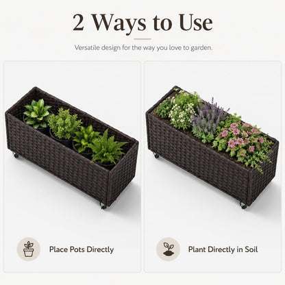 Raised Garden Bed with Wheels - Rattan Wicker Elevated Raised Garden Bed Outdoor Raised Planter Box for Vegetables Grass Lawn Yard, 38 X 14.5 X 12 In, Brown