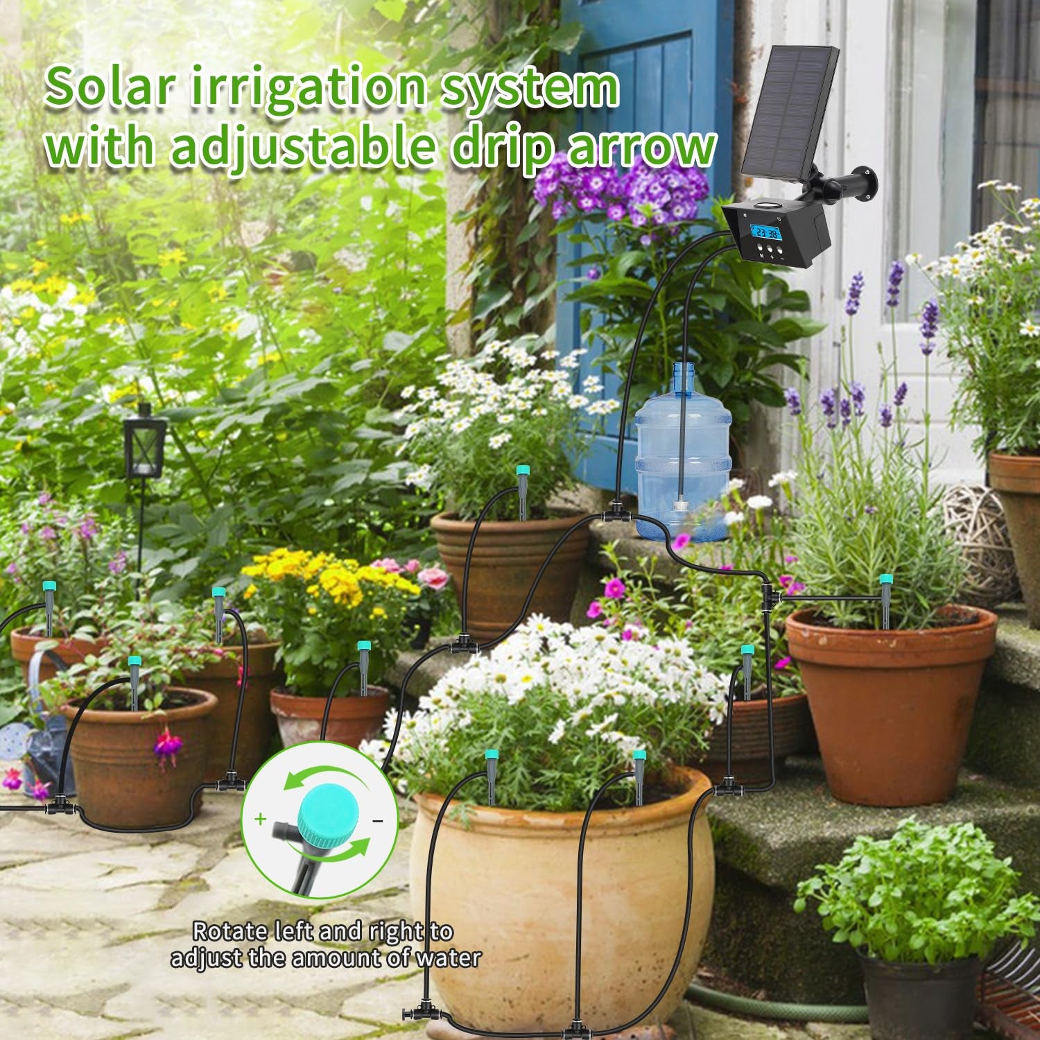 Solar Drip Irrigation System, Solar Automatic Palnt Waterer for Outdoor Garden, Irrigation System for Vacation,Drip Irrigation Kit with 2200Mah Battery&Rain Sensing &LCD Screen
