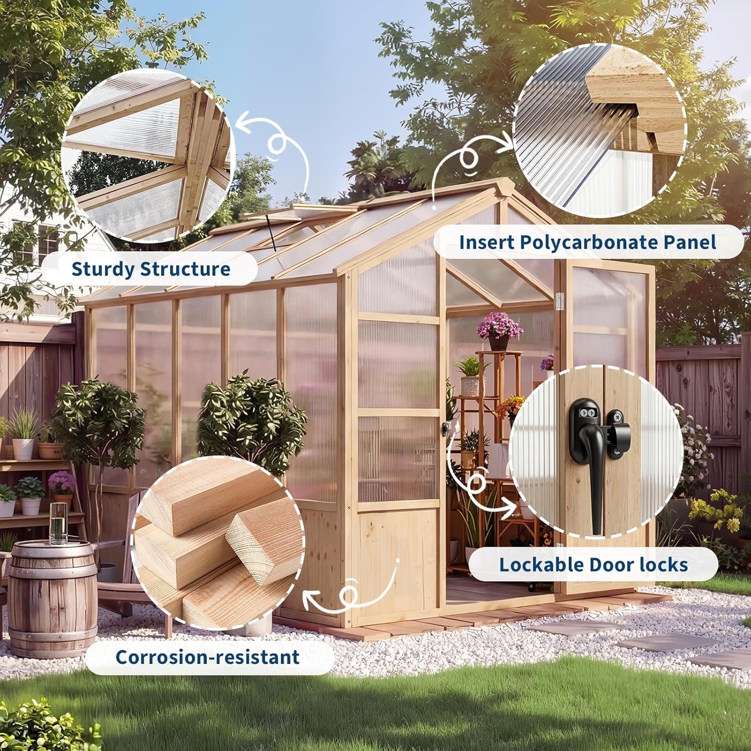 6'X10' Wooden Greenhouse for Outdoor, Large Walk-In Greenhouse Kit with Ventilated Window, Door & Polycarbonate Panels, Heavy Duty Wood Frame Green House for Patio Garden Backyard