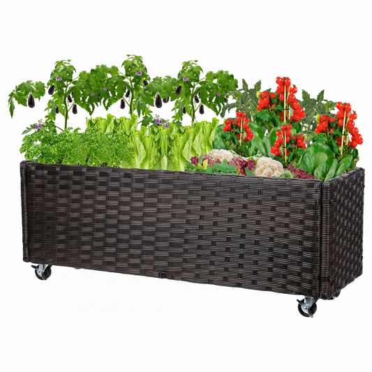 Raised Garden Bed with Wheels - Rattan Wicker Elevated Raised Garden Bed Outdoor Raised Planter Box for Vegetables Grass Lawn Yard, 38 X 14.5 X 12 In, Brown